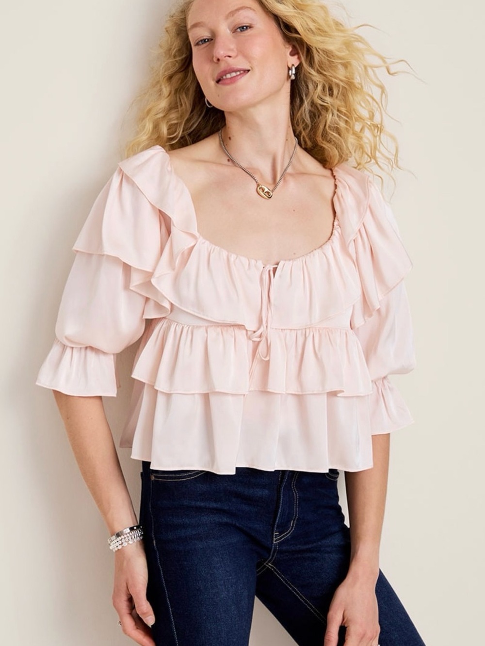 Francesca’s Ella Ruffle Tiered Satin Blouse Scoop Neck Babydoll Coquette Fairy M